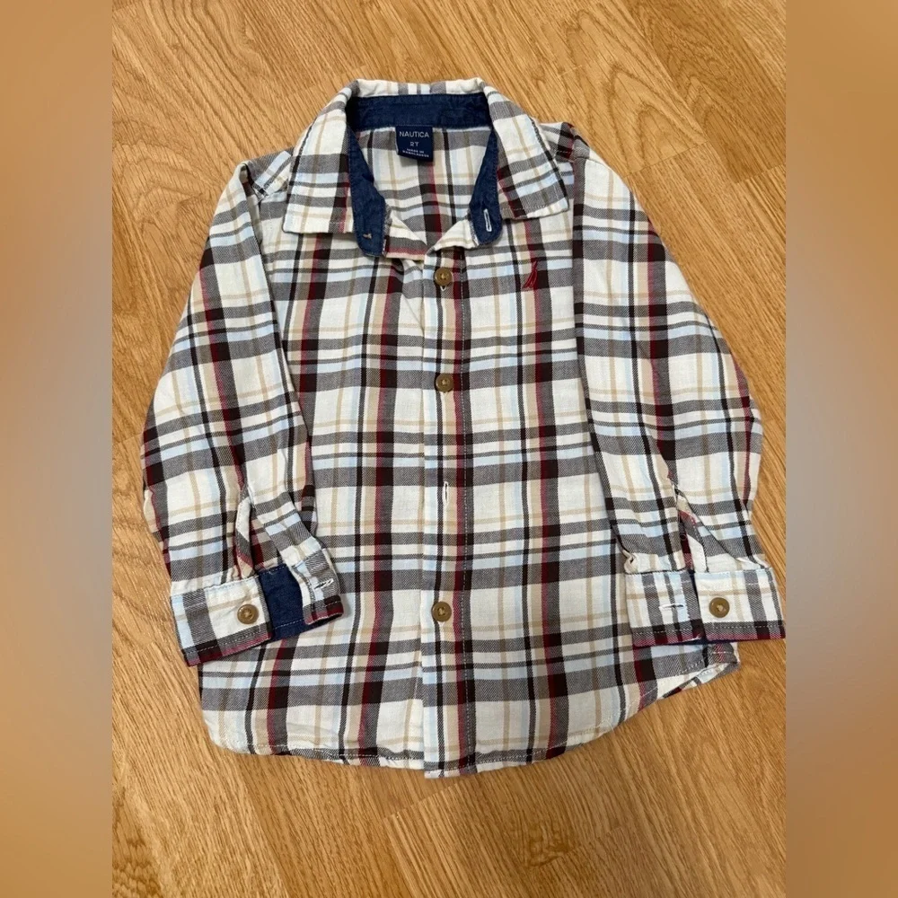 Nautica Red T-Shirt and Plaid Shirt with Brown Pants Set (Size 2T)